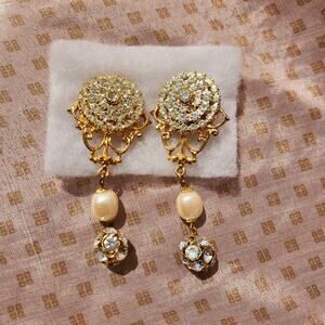 Vintage Rhinestone/ Faux Pearl Gold Tone Clip On Dangle Earrings Glam Gatsby
